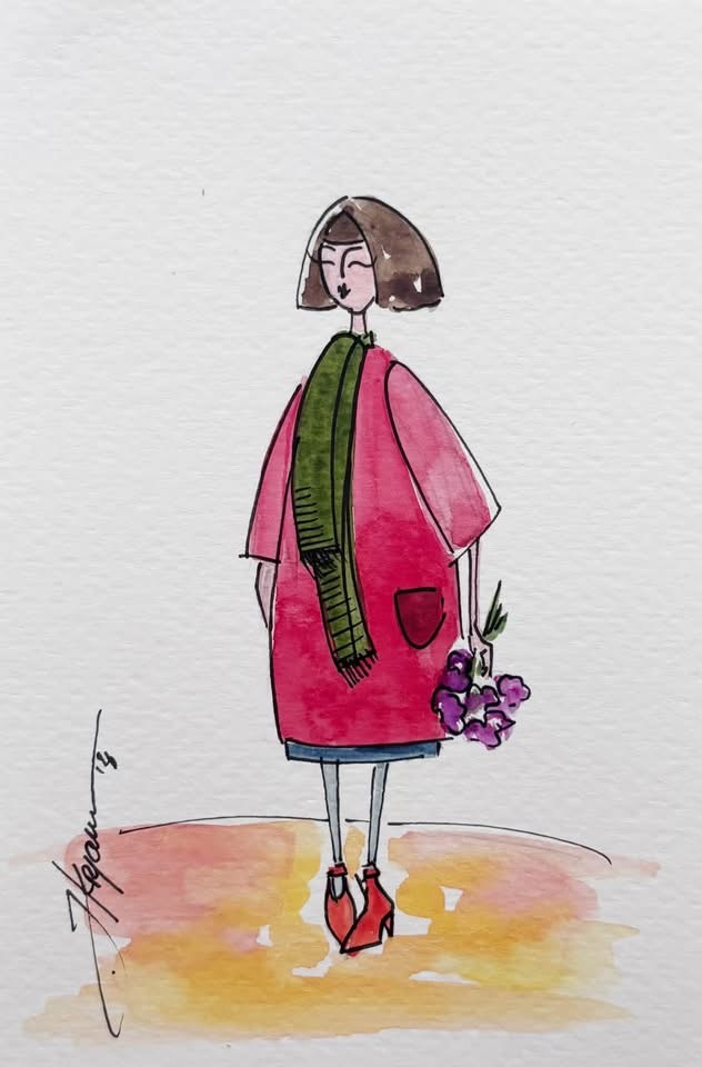 Original watercolor postcard from Katerina Krjanina’s Little Women series, featuring delicate watercolor details, expressive figures, and a charming, intimate artistic atmosphere.