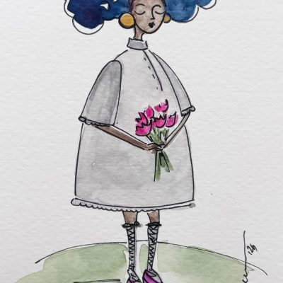 Original watercolor postcard from Katerina Krjanina’s Little Women series, featuring delicate watercolor details, expressive figures, and a charming, intimate artistic atmosphere.