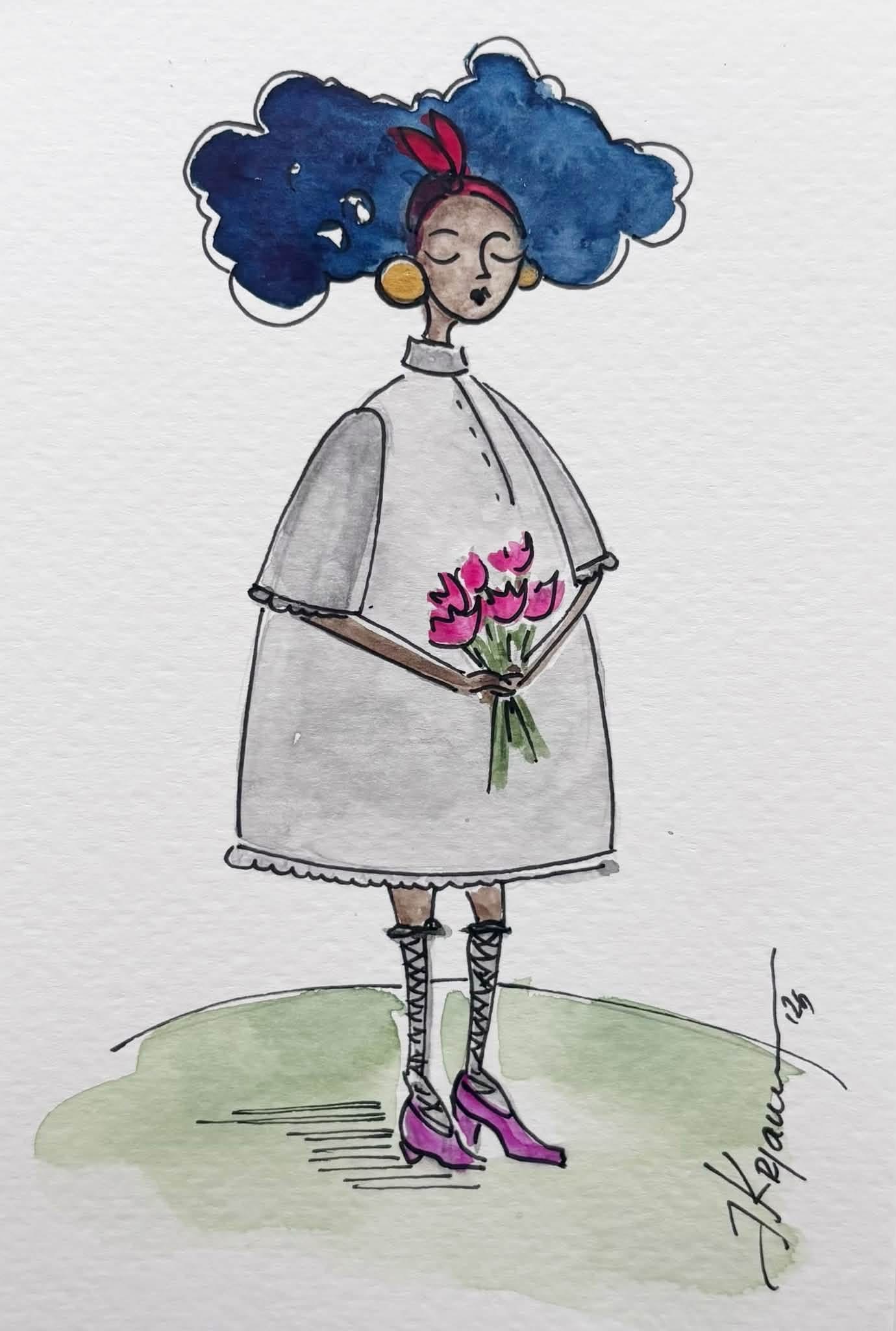 Original watercolor postcard from Katerina Krjanina’s Little Women series, featuring delicate watercolor details, expressive figures, and a charming, intimate artistic atmosphere.