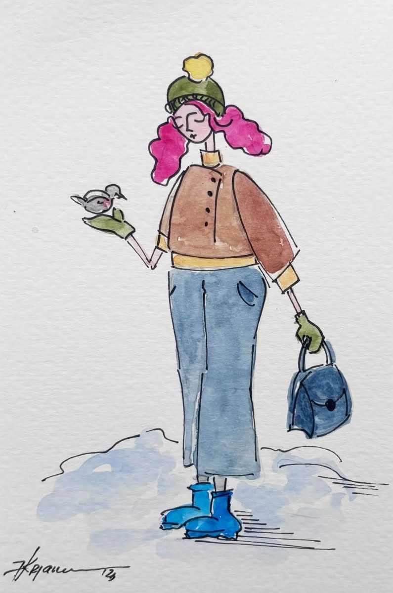 Original watercolor postcard from Katerina Krjanina’s Little Women series, featuring delicate watercolor details, expressive figures, and a charming, intimate artistic atmosphere.