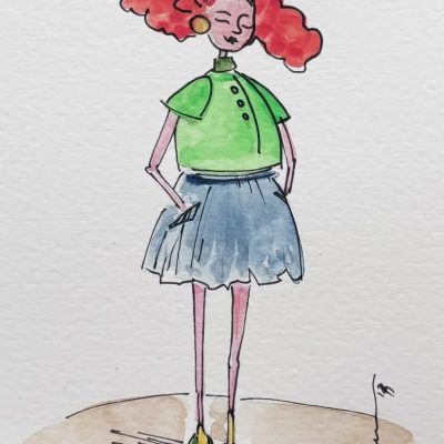 Original watercolor postcard from Katerina Krjanina’s Little Women series, featuring delicate watercolor details, expressive figures, and a charming, intimate artistic atmosphere.