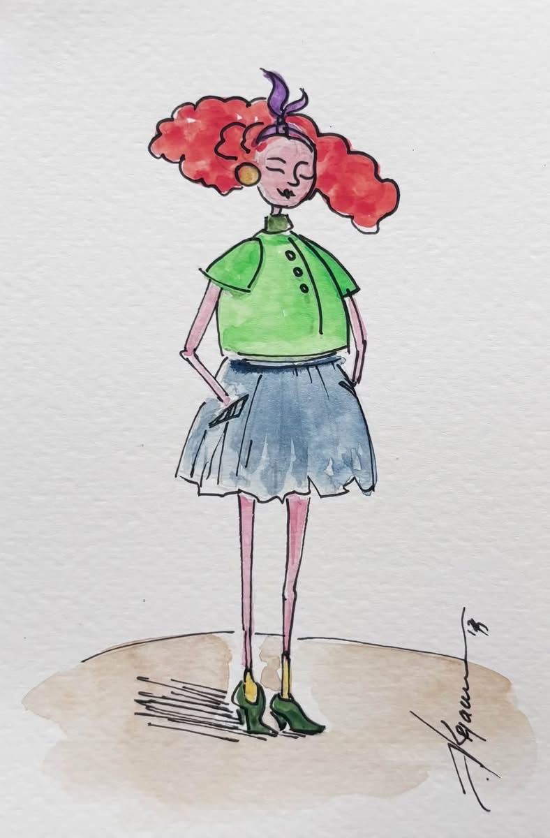 Original watercolor postcard from Katerina Krjanina’s Little Women series, featuring delicate watercolor details, expressive figures, and a charming, intimate artistic atmosphere.