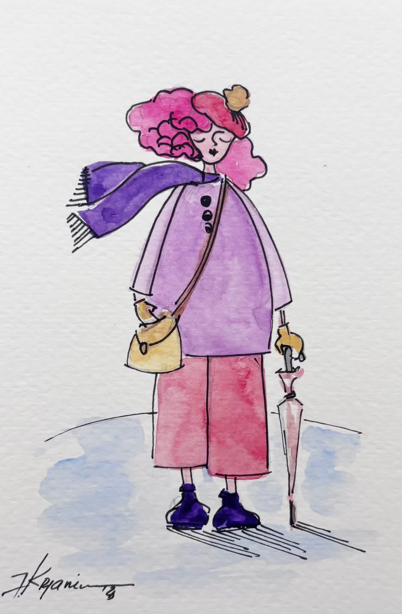 Original watercolor postcard from Katerina Krjanina’s Little Women series, featuring delicate watercolor details, expressive figures, and a charming, intimate artistic atmosphere.