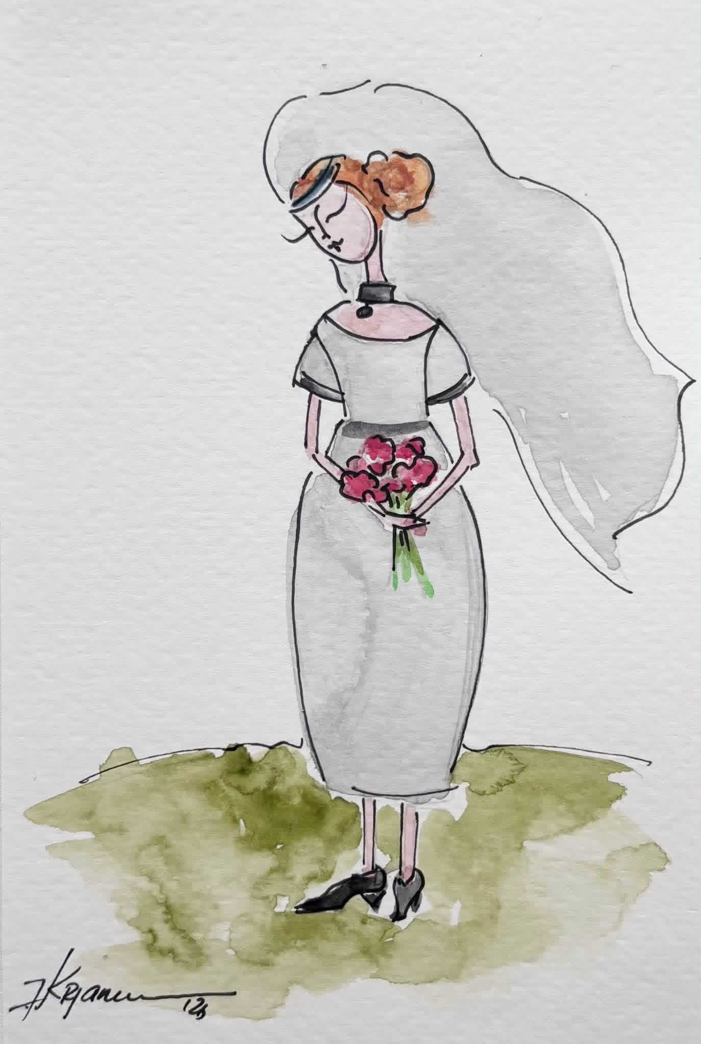 Original watercolor postcard from Katerina Krjanina’s Little Women series, featuring delicate watercolor details, expressive figures, and a charming, intimate artistic atmosphere.